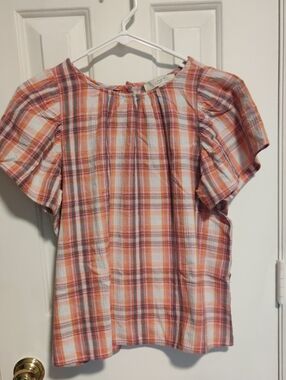 LOFT Pink Orange Plaid Flutter Sleeve Top Size Medium